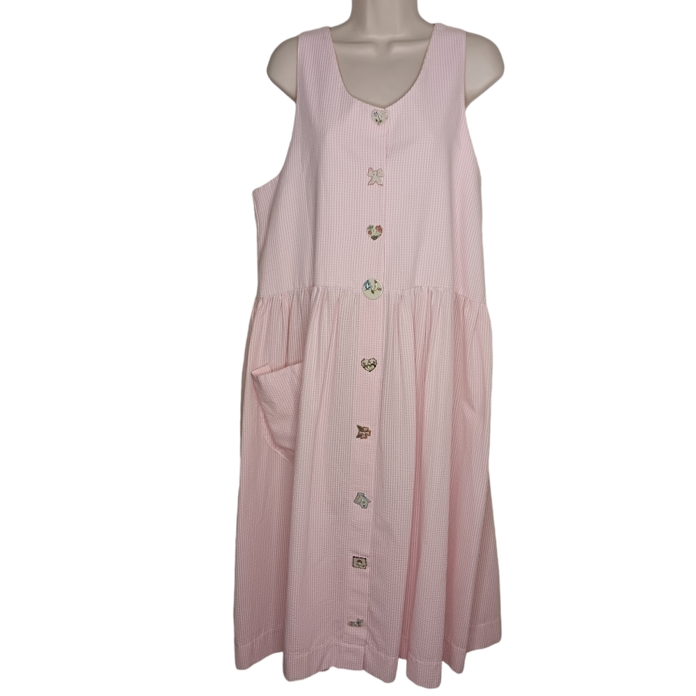 DOGWOOD LANE Dress Women's Size Large Pink/White Seersucker Ceramic Buttons VTG